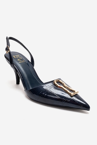 Luvishoes Yvella Lacivert Rugan Baskı Tokalı Sivri Burunlu Kadın Topuklu Ayakkabı