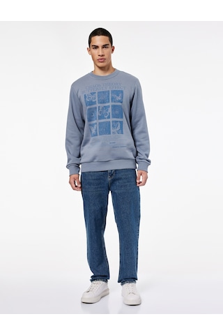 Koton Uzun Kollu Bisiklet Yaka Şardonlu Baskılı Sweatshirt Mavi 6wam70044mk Mavi