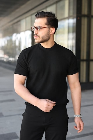 Veraura Lifestyle Erkek Bisiklet Yaka Petek Dokulu Kısa Kollu Triko Tişört Siyah