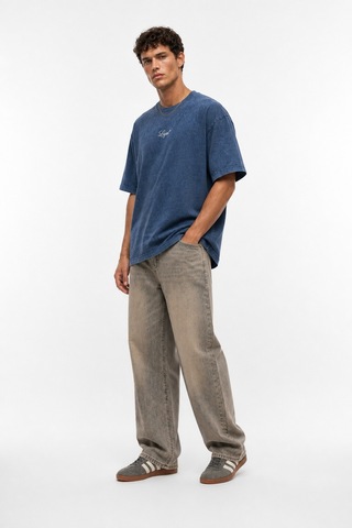 Respire Erkek Nakış Detaylı Yıkamalı Oversize T-shirt Lacivert