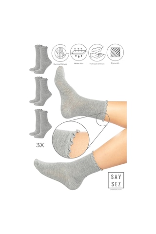Bambu Kadın Lastiksiz Gri Fırfırlı Soket Dikişsiz Çorap 3'lü Paket / İz Bırakmaz / Sıkmayan Çorap Renkli