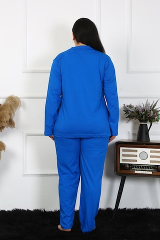 Akbeniz Kadın Büyük Beden Pamuklu Cepli Düğmeli Saks Pijama Takım 202401-saks Saks Mavi