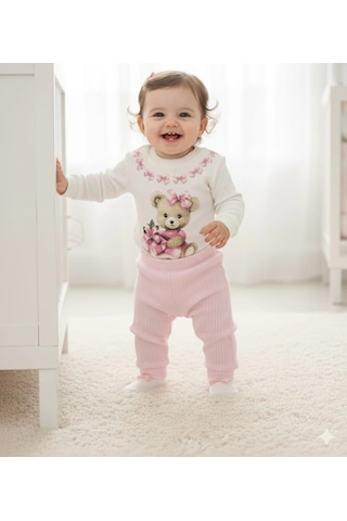 Kız Bebek Ayıcık Baskılı Çıt Çıtlı Alt Üst İkili Gündelik Takım Pembe