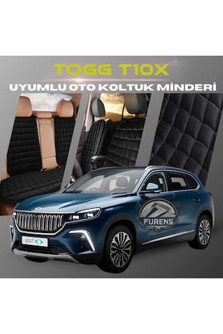 Togg T10x Siyah Renk Tay Tüyü Cepli & Terletmez Sırtlı Oto Koltuk Minder Seti - Koltuk Koruma Kılıfı Ön & Arka Tam Set