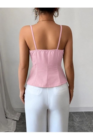 DefyModa Kadın Askılı Önü Döğmeli Atlas Bluz Pembe