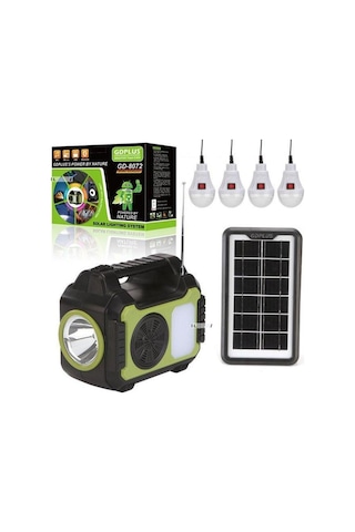 Güneş Enerji Panelli Aydınlatma Sistemi Powerbank Kamp Doğa Balık Karavan Fener Bluetooth Hoparlör Siyah-yeşil