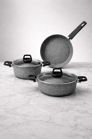 Dark Stone 5 Parca Granit Ezme Tencere Seti - Gri -20 Derin-26 Basık - 26 Tava