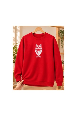 Mor Mürekkep Bozkurt Başı Ve Göktürk Yazısı Baskılı Bisiklet Yaka Sweatshirt - Kırmızı