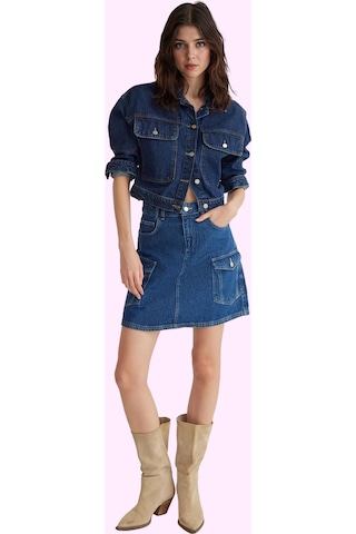 Frm Kadın Pamuklu Denim Kargo Cepli Mini Etek Rahat Günlük Stil Hafta Mavi