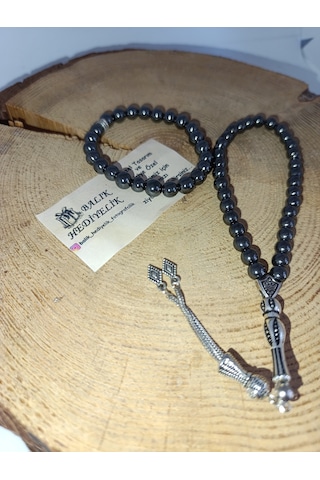 Doğaltaş Tespih-bileklik Takım Ahşap Kutulu /hematit Taşı Hmtt-10 Gri - Siyah