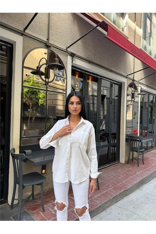 WeShaya Beyaz Oversize Akrilik Pamuk Cepli Gömlek Beyaz