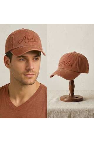 Bk Gift Kişiye Özel İsim Nakışlı Vintage Turuncu Beyzbol Şapkası Unisex Eskitme Kumaş Metal Tokalı