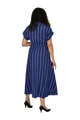 Kadın Beli Lastikli Çizgili Elbise Bgl-st04638 İndigo