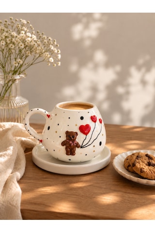 Teddy Ayıcıklı Kahve Ve Çay Fincanı Beyaz - Krem