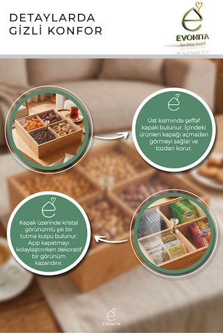 Bambu Kapaklı 4 Bölmeli Saklama Kutusu Çerezlik Kahvaltılık Organizer Şeffaf Kapaklı Düzenleyici Kahverengi