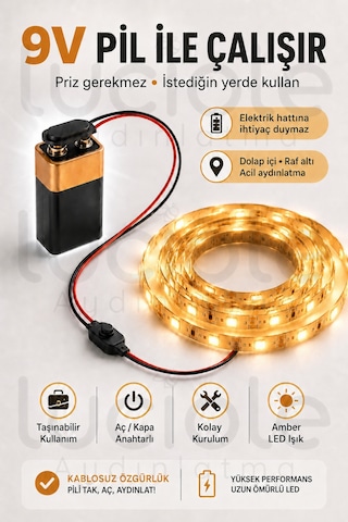 3 Metre Amber 9v Pilli Anahtarlı Şerit Led Set Pil Dahil Prizsiz Yapışkanlı Dolap Raf Işığı