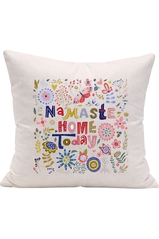 Namaste Home Today Yazılı Bohem Çiçek Desenli Dekoratif Yastık Kılıfı Beyaz