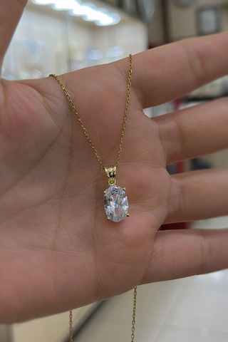 Gümüş Oval 12x8 Mm 4,5 Carat Tektaş Kolye Sarı