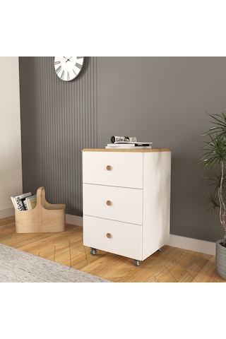 Olven Keson-komodin 3 Çekmeceli Tekerlekli , Beyaz-meşe