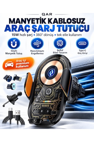 C13 Kablosuz Şarjlı Araç Telefon Tutucu Otomatik Açılıp Kapanan Kollu 360 Dönebilen Şeffaf Tasarım Metal Gövdeli Araç İçi Telefon Tutacağı