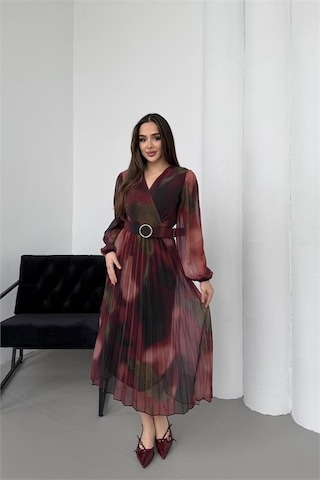 Neşeli Butik Kadın Bordo Beli Kemerli Piliseli Kruvaze Yaka Şifon Elbise Nbelb03 Bordo