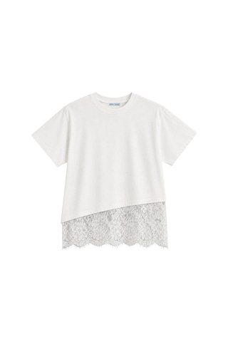 Vadon 1005 Kadın Pamuklu Regular Fit Bisiklet Yaka Asimetrik Kesim Dantel Detaylı Yumuşak Dokulu T-shirt Beyaz
