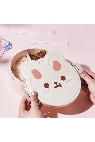 Teddy Bear Çocuklar İçin Çatal Ve Kaşıklı Üç Bölmeli Plastik Beslenme Kutusu Pembe