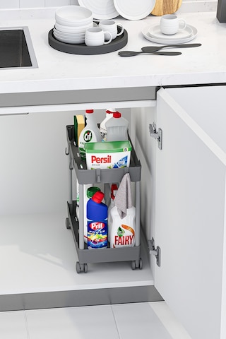 Gri 2 Katlı Tekerlekli Düzenleyici Mutfak Ve Banyo Rafı