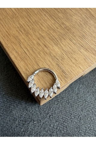 %100 316 L Cerrahi Çelik Markiz Kesim Taşlı Özel Tasarım Kilitli Halka Piercing Gümüş