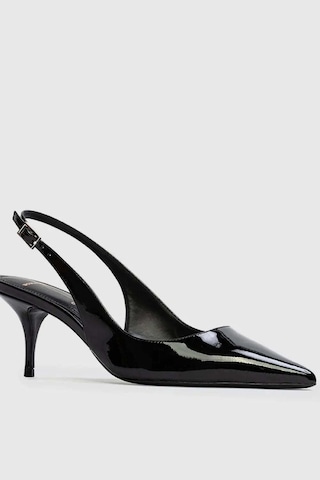 Castle Black Black Suede Studio Kadınlar Için Şık Pointy Toe Slingback Pompa - Patent Deri Ve Kedi Topuk Topuklu Ayakkabı Siyah 38
