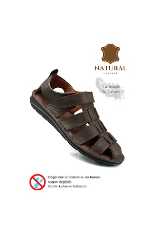 Sermoda %100 Hakiki Deri Burnu Kapalı Erkek Sandalet Kahve