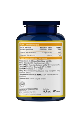 One Up D3 + K2 Vitamini 120 Tablet Aromasız