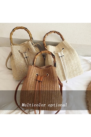 Wondernest Hasır Çanta Omuz Messenger Çanta Bambu Kova Çanta Haki 88991 Modelleri Haki