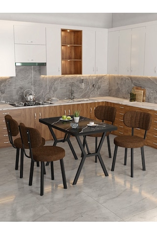 Azra 70x110cm Bendir Mutfak Masası, Mutfak Masası Takımı, Yemek Masası, 4 Kahverengi Sandalye Kahverengi