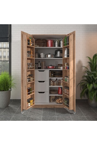 90 Derece Açılabilir 2 Kapaklı, 3 Çekmeceli, Kavanoz Raflı Kiler Ve Erzak Mutfak Dolabı Atlantik Çam