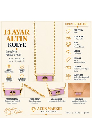 14 Ayartasarım Pembe Mineli Ve Gold Detaylı Silindirik Altın Kolye
