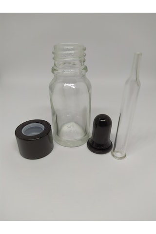 10Ml Cam Şeffaf Şişe İnce Cam Damlalık Siyah Metal Kapak (10 Ad.)