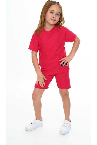 Bisiklet Yaka Şortlu Kız Çocuk Şortlu Takım Kırmızı