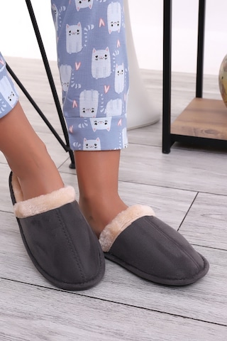 Wordex U050 Unisex Kışlık Ev İçi Terliği Kürklü Yünlü Terlik Gri