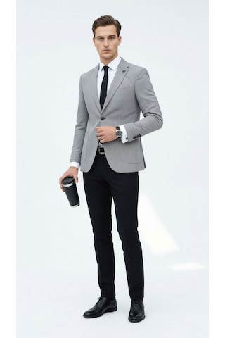 Plus Scorpion Açık Gri Kırçıllı Erkek Blazer Ceket Torba Cepli, Çift Yırtmaçlı, Dokulu Premium Kumaş Slim Fit Gri