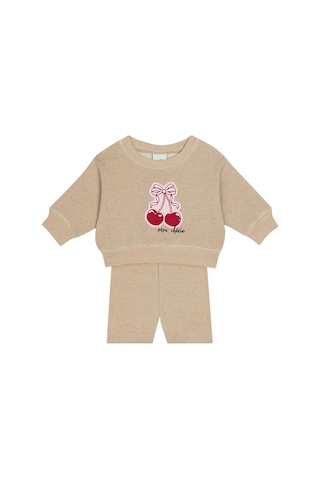 Antebies Pamuk, Sustainable, Bej Kiraz Baskılı Kız Bebek Sweatshirt Biker Takım Kırmızı