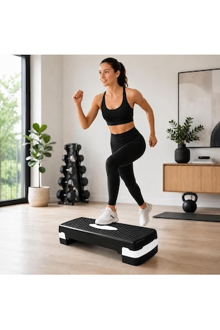 2 Kademeli Ayarlanabilir Step Tahtası Kaymaz Yüzeyli Aerobik Fitness Kardiyo Egzersiz Platformu Siyah Beyaz