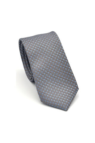 Mavi Nokta Desenli Gri Dokuma Kumaş Mendilli Slim Fit Kravat // Sdk-2510-4 Gri