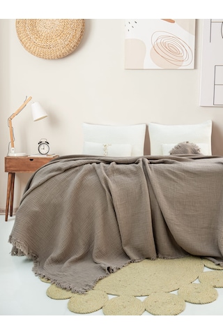 4 Katlı Müslin Yatak Örtüsü - Açık Gri Renk Çift Kişilik Pike Açık Gri