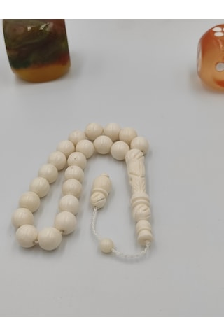 Altuntaşaksesuar Usta İşcilikli Deve Kemiği Maskot Tesbih 10 Mm Küre Kesim Takımlı Sistemli Beyaz