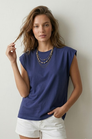 Elemge %100 Pamuk Süprem Tok Kumaş Kadın Oversize İndigo T-shirt Geniş Omuzlu Dökümlü Kolsuz Bol Kalıp