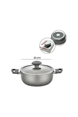 Granit Derin Tencere 24 Cm Cam Kapak Gri Kırçıllı Renkli