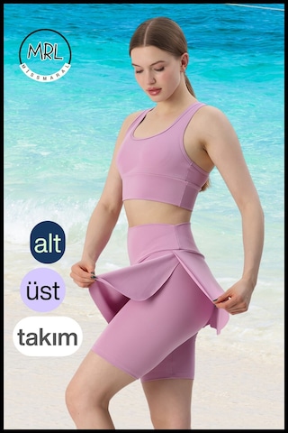 Kadın Takım Alt - Üst Biker Şort Diz Üstü &crop Bra Ped Destekli Denizde Havuzda Sporda Llia Lila