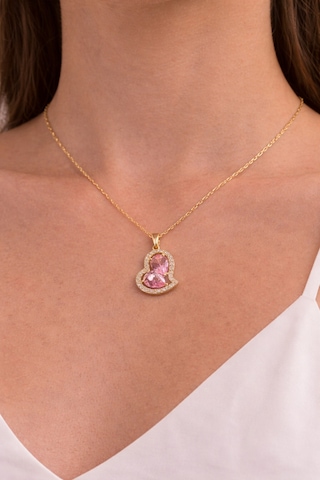 Kadın Gold Renk Pembe Kalpli İnce Zincir Kolye Altın