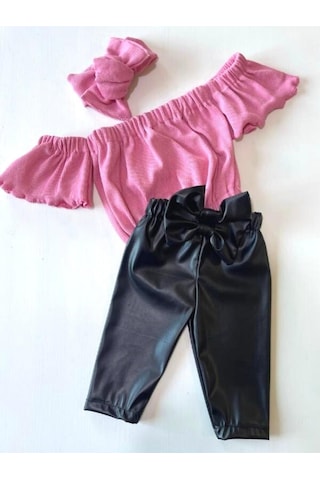 Özge Başaran Kız Çocuk, Likralı Deri Fiyonk Detaylı Pantolon, Pembe Straplez Crop Bluz Ve Saç Pembe